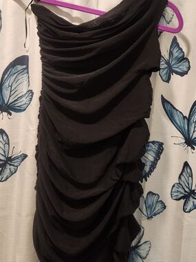 SALTY Black Ruched One-Shoulder Dress